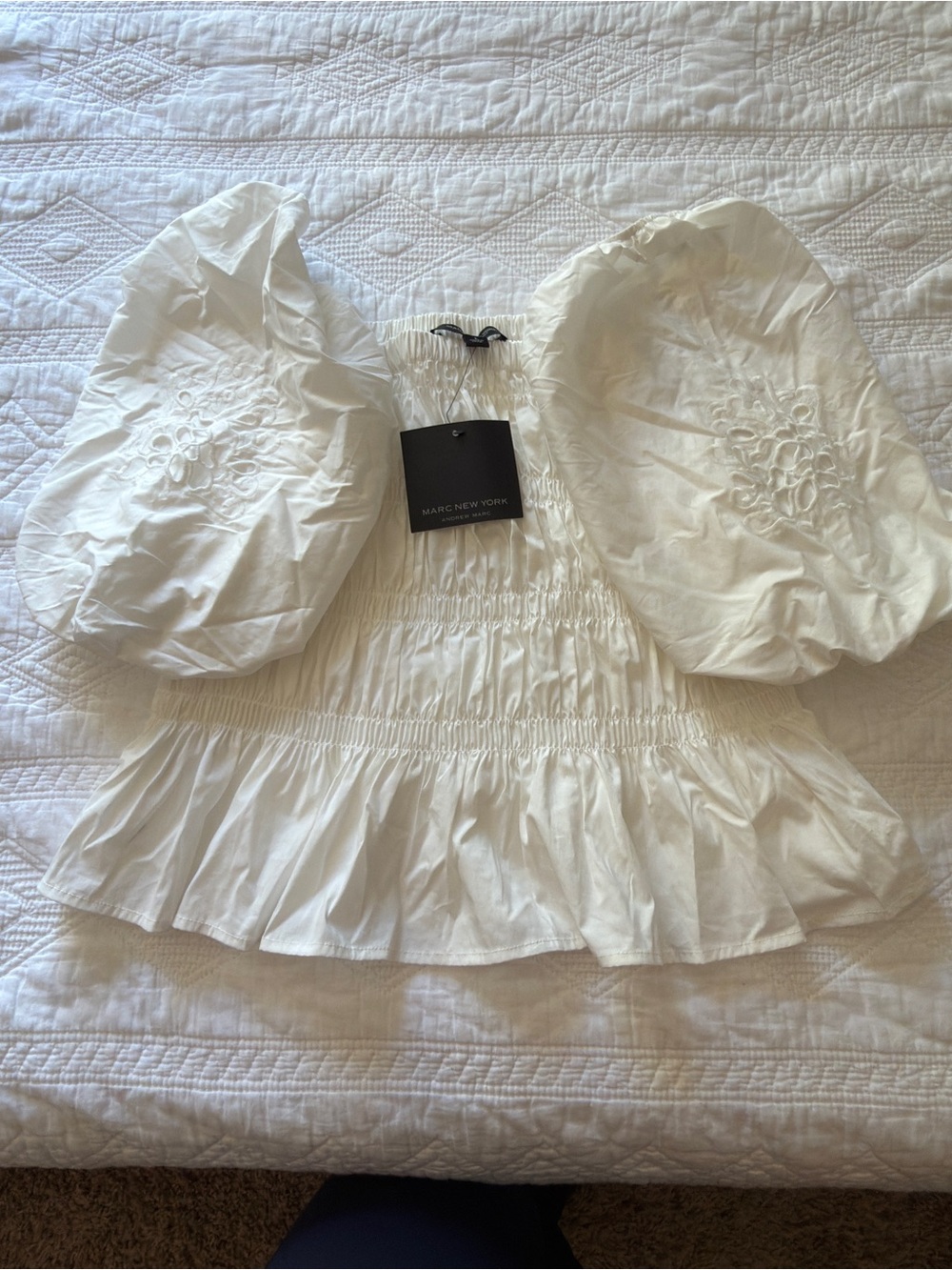 Marc New York White Puff-Sleeve Smocked Peplum Blouse